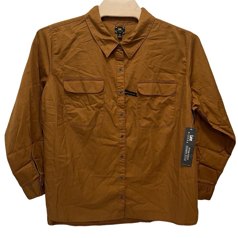 Lee Riders Womens 3X Tobacco Brown Cotton Button Down Shirt No Gap Snap NWT